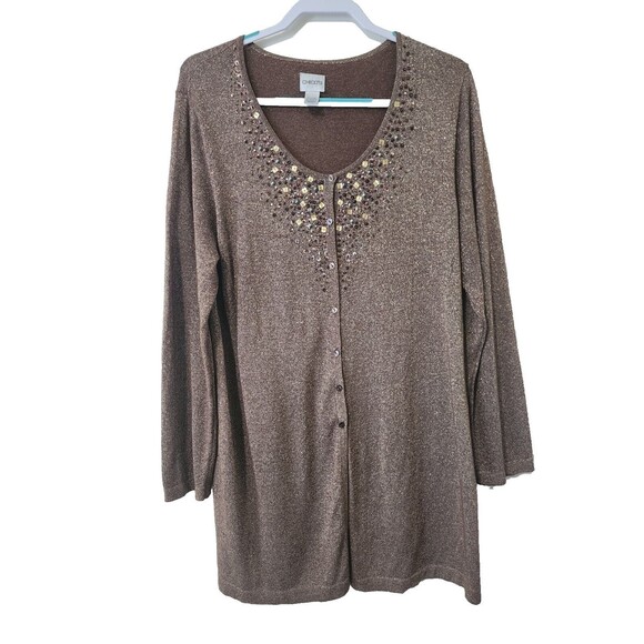Chico's Sweaters - Chico's Womens Long Cardigan Brown Gold Embellished Button Up Size 3 XL 16